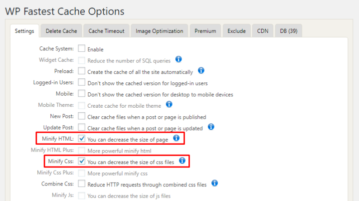 WP Fastest Cache settings