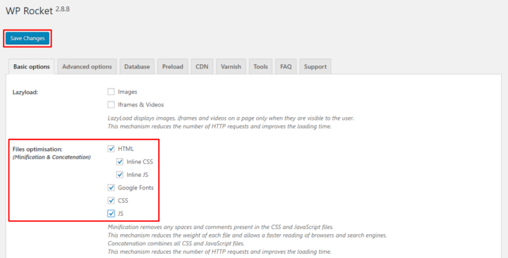WP Rocket settings