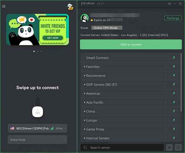 PandaVPN's interface for mobile and PC