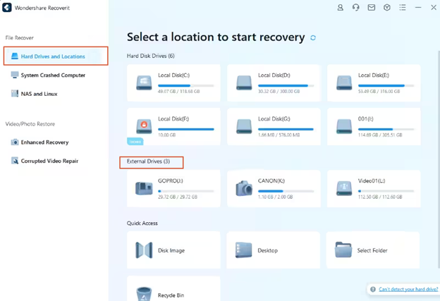 select the "Hard Drives and Locations" tab